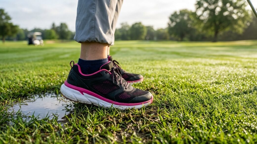 Close-up of black and pink running shoes stepping into a muddy water puddle on green grass.