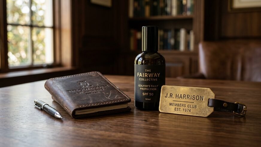 Bottle of sunscreen, leather notebook from The Old Course, and a metal name tag sitting on a mahogany table.