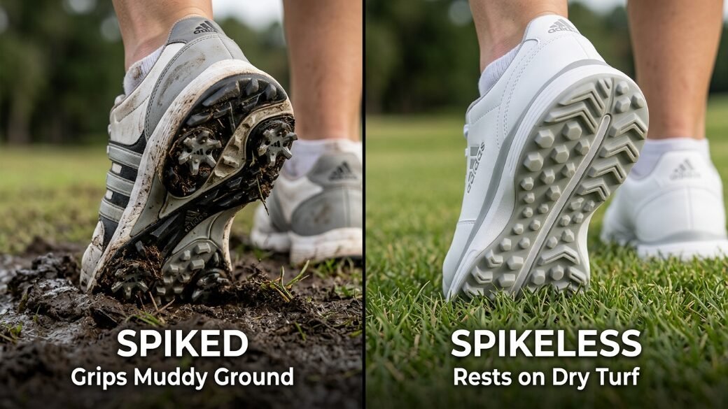 Close-up of a spiked golf shoe in mud next to a spikeless golf shoe standing on green grass.