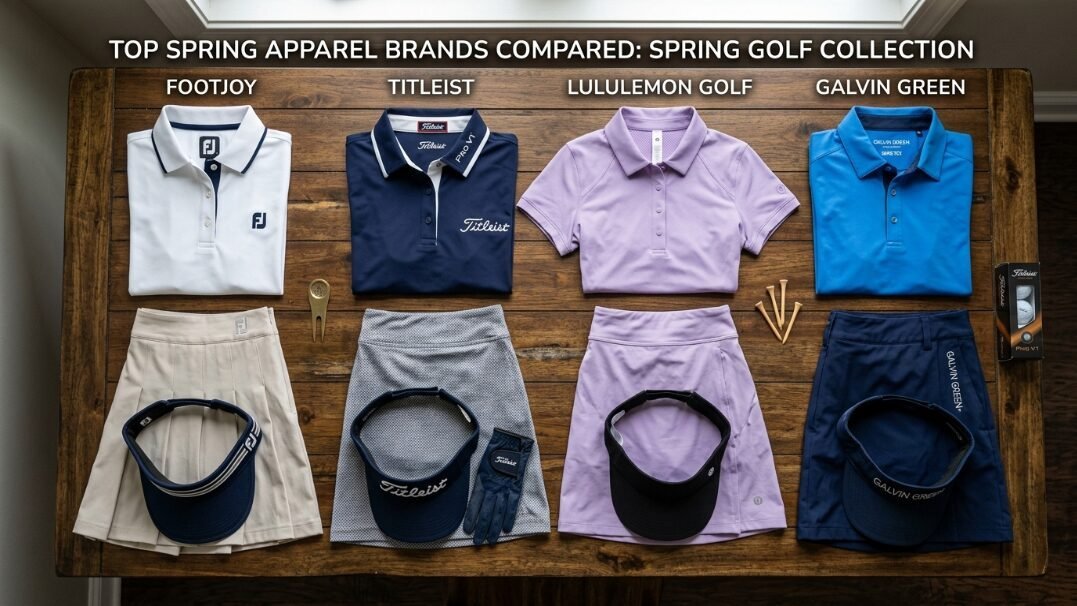 Four sets of women's golf shirts, skirts, and visors from Footjoy, Titleist, Lululemon, and Galvin Green.