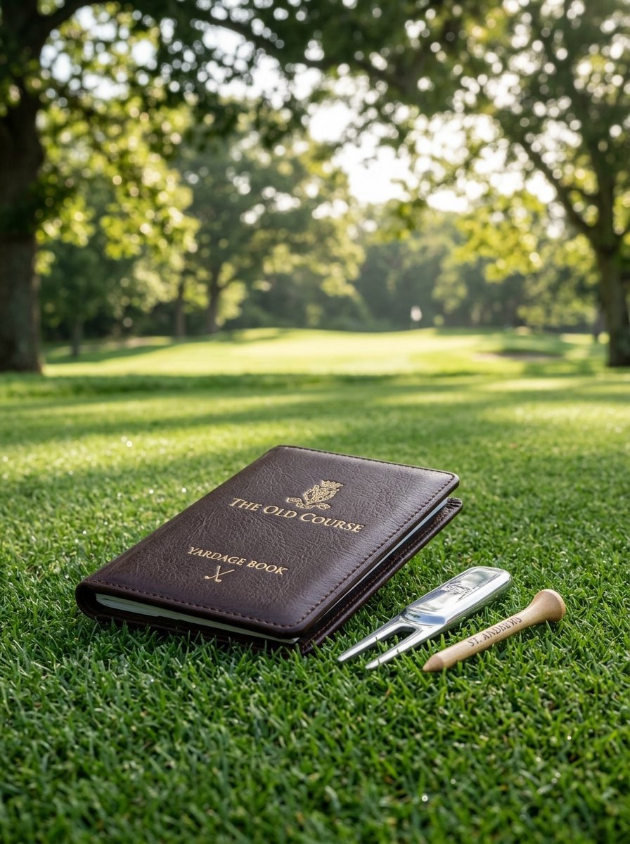 Brown leather golf yardage book beside a metal pitch mark repair tool and a wooden tee on green grass.