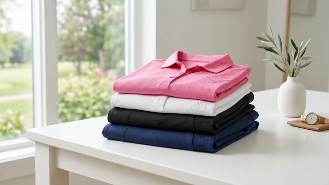 Folded pink, white, black, and navy blue athletic polo shirts arranged in a pile next to a plant and watch.