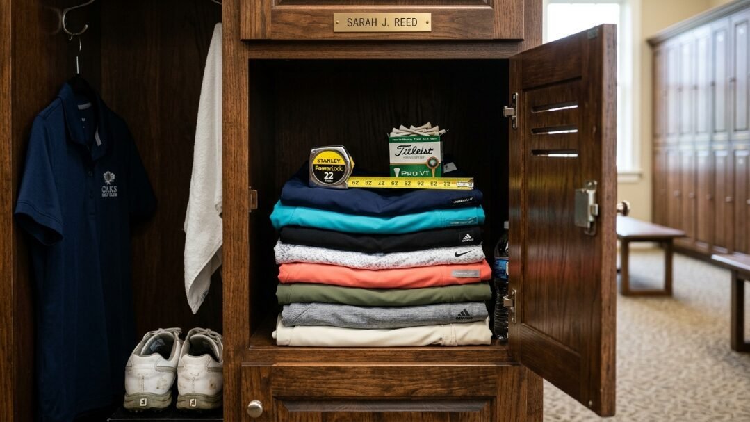 A stack of colorful golf apparel sits on a locker shelf beside a measuring tape and a box of Titleist golf tees.