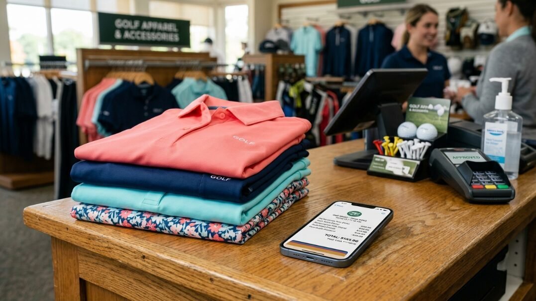 Folded polo shirts sit on a retail counter next to a smartphone displaying a digital receipt at a golf apparel store.