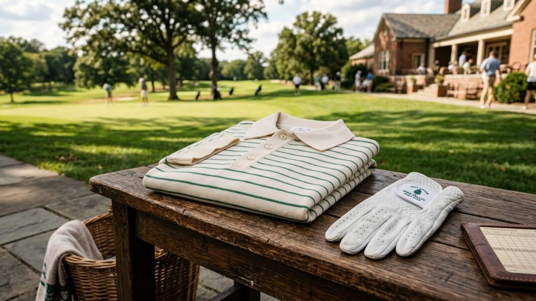 A beige and green striped polo shirt sits next to a white leather golf glove on a wooden table at a country club.