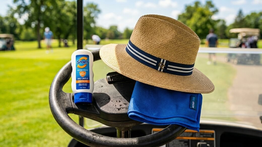 A straw hat, blue cooling towel, and bottle of SPF 50 sunscreen sitting on top of a golf cart steering wheel.