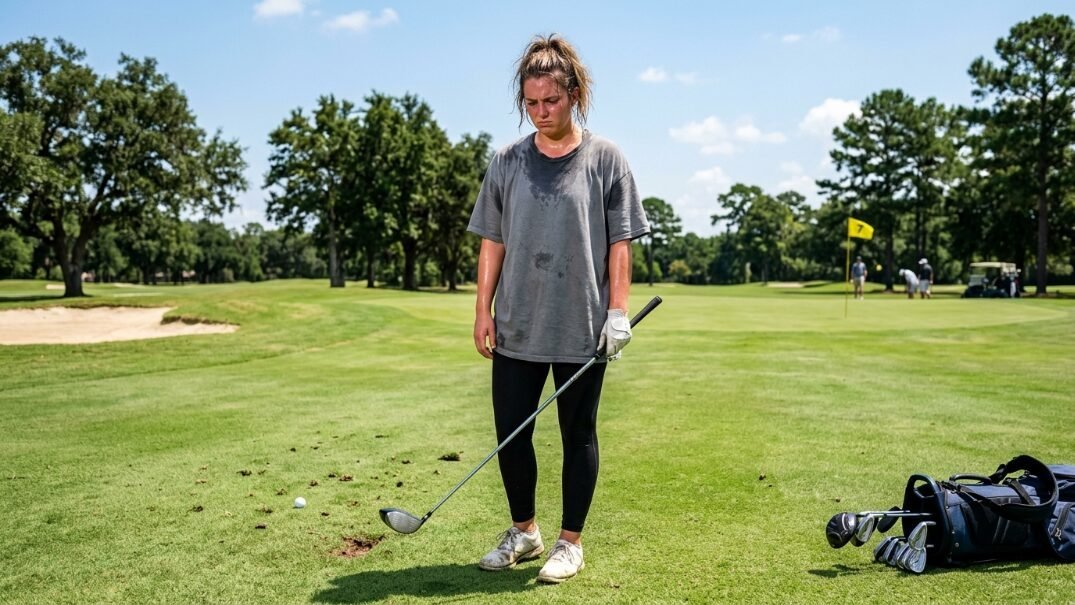 A perspiring female golfer in a grey t-shirt stands on a putting green, looking down at her club.