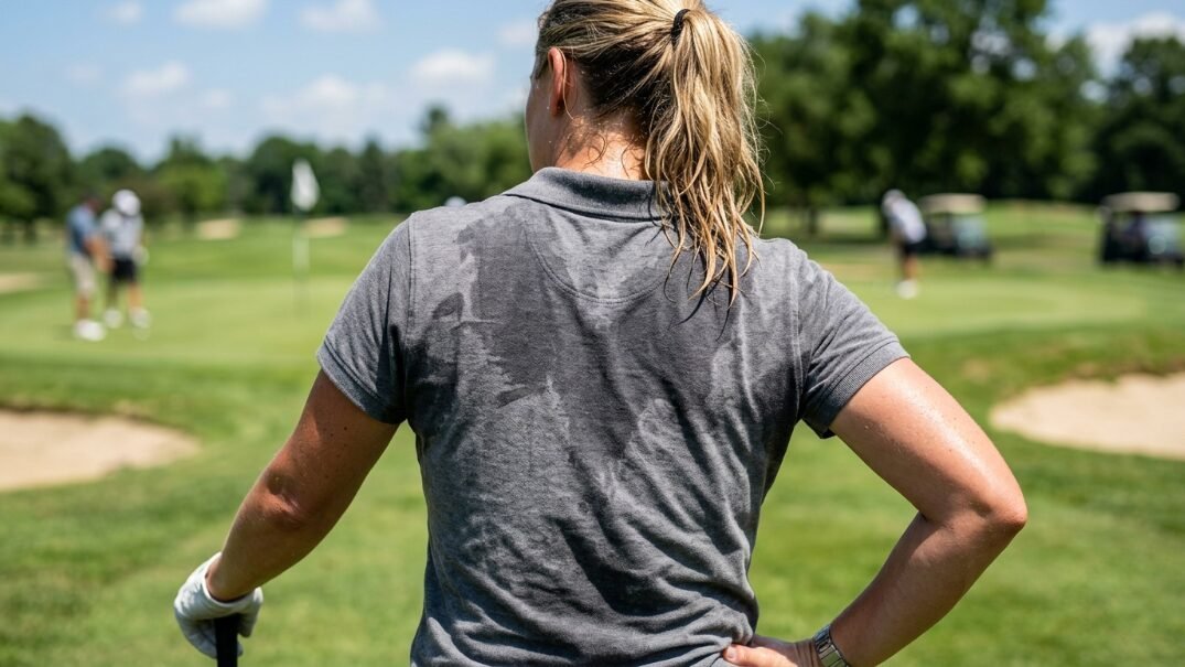 Close up rear view of a female golfer with a sweaty grey shirt standing on a green grass fairway.