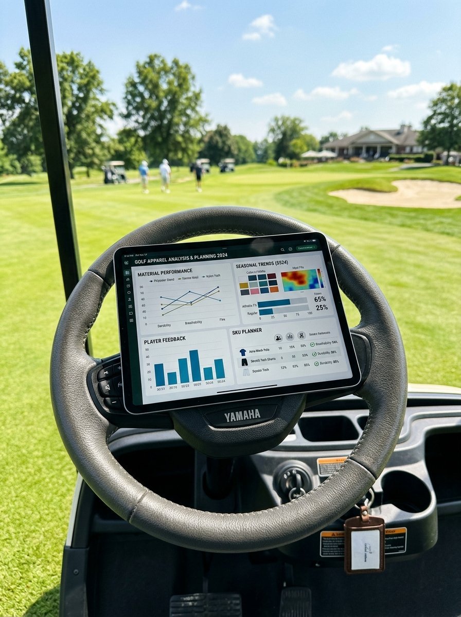 A tablet mounted on a Yamaha golf cart steering wheel displaying a dashboard with charts and product data.
