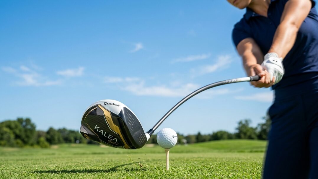 Close up of a golf club hitting a ball off a tee on a sunny day.