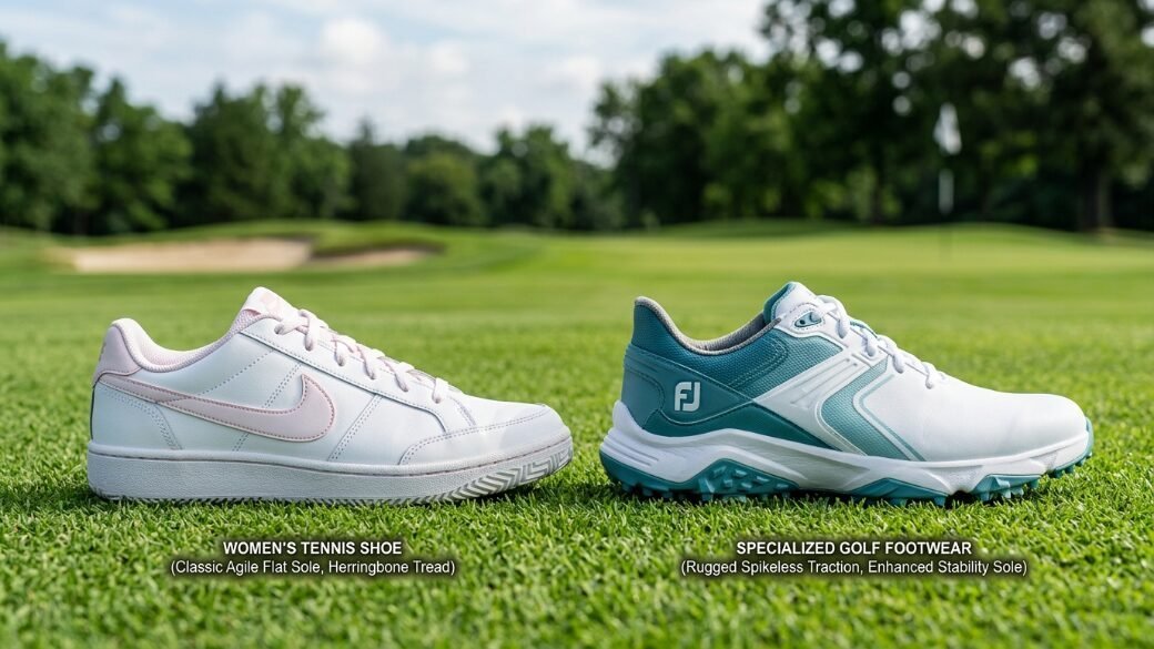 Side-by-side view of a Nike tennis shoe and a FootJoy golf shoe resting on a green golf course fairway.