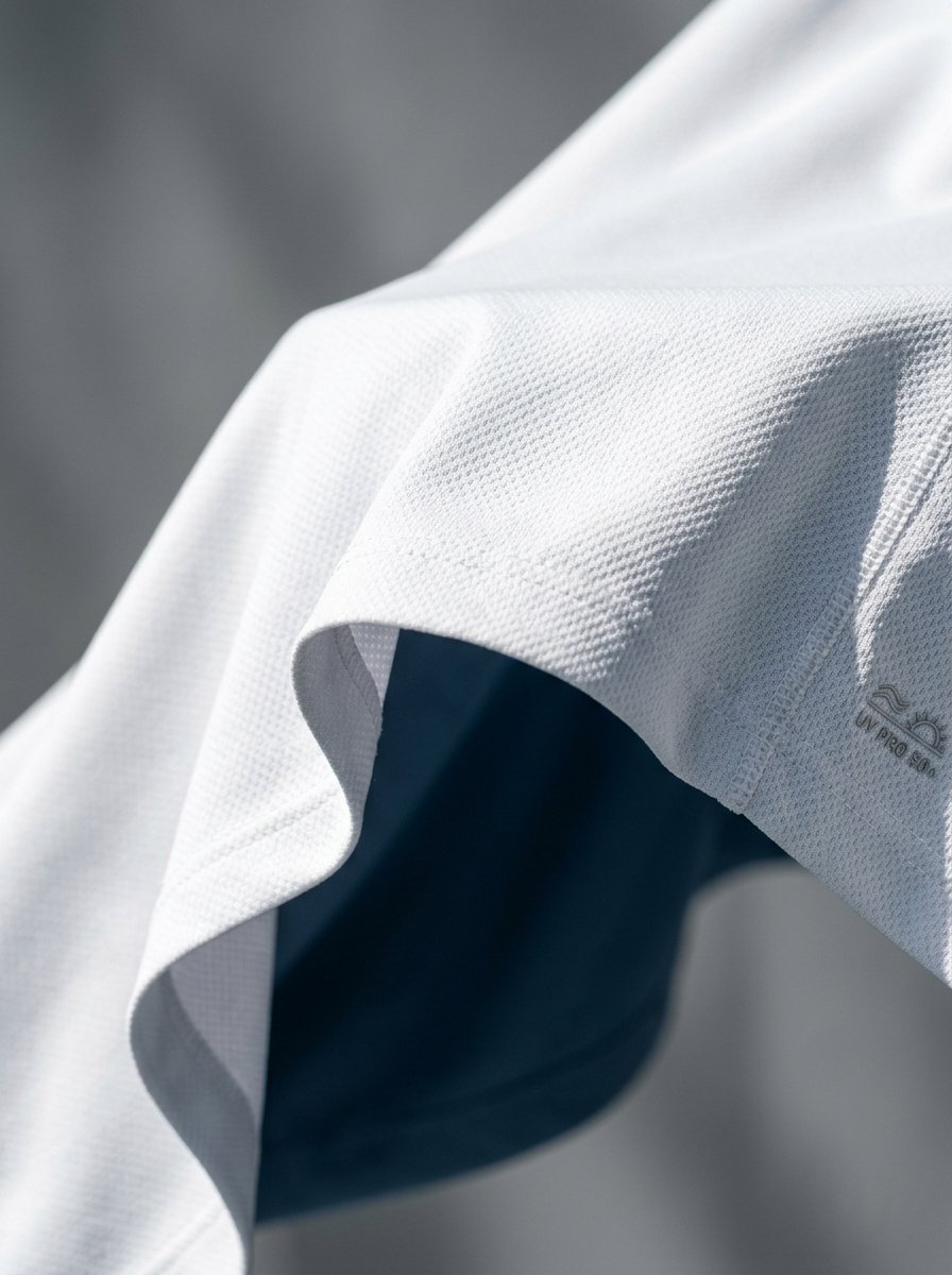 Folded white fabric with a fine mesh texture and a small UV Pro 50 plus logo visible.