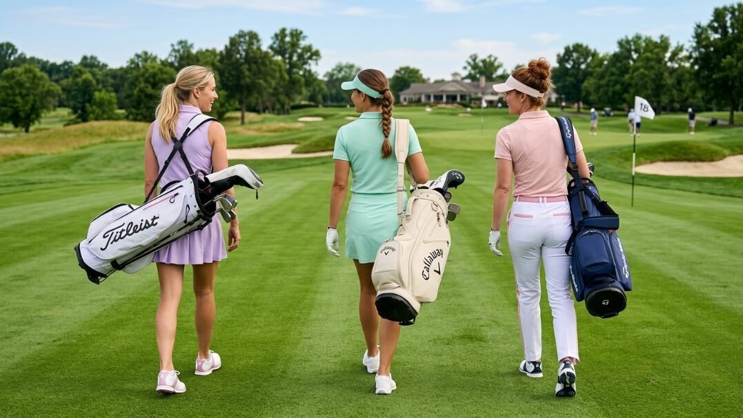 Back view of three women in colorful athletic wear walking with golf bags on a sunny summer day.