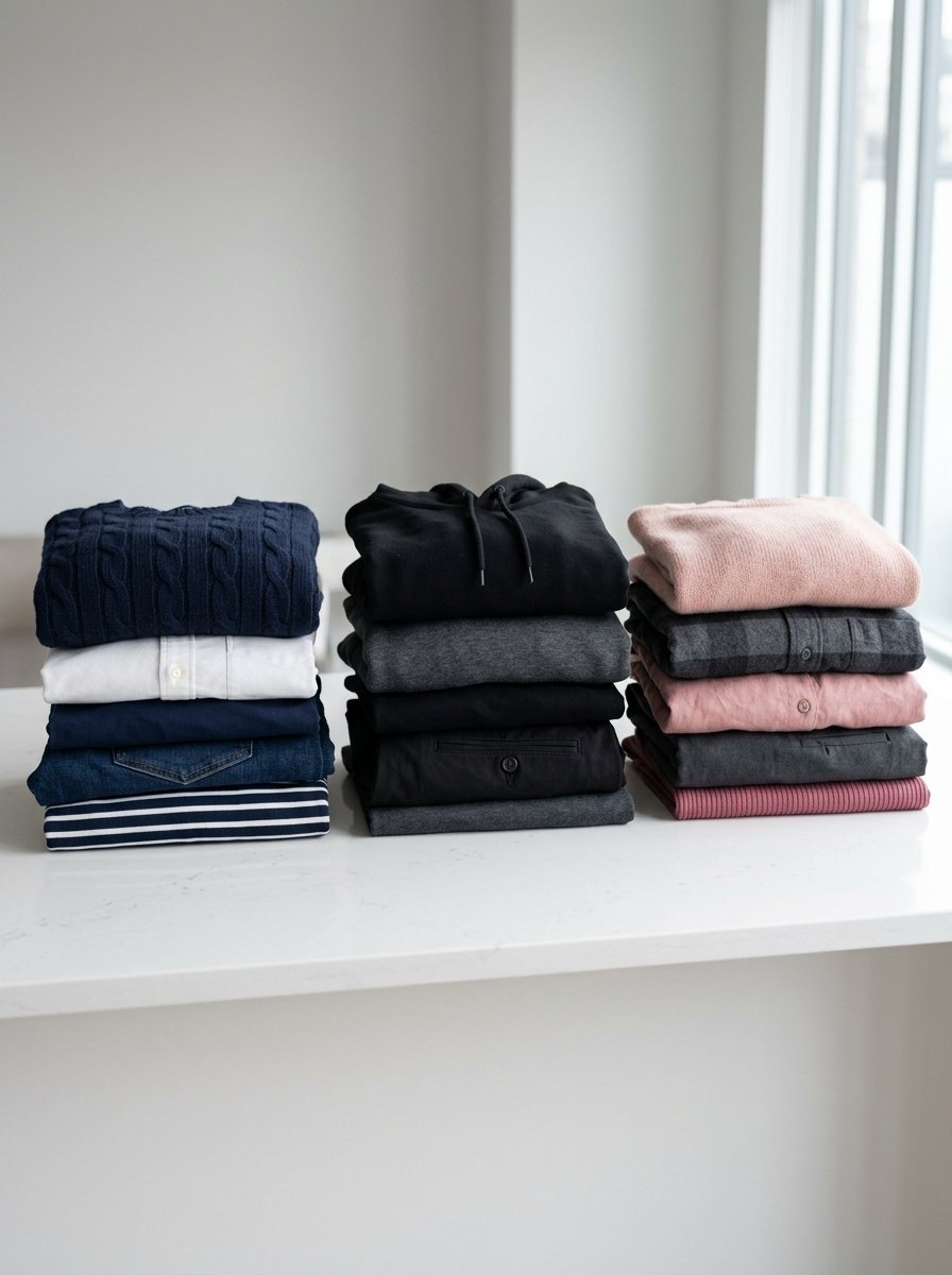 Stacks of blue, black, and pink folded garments arranged side by side on a bright white table.