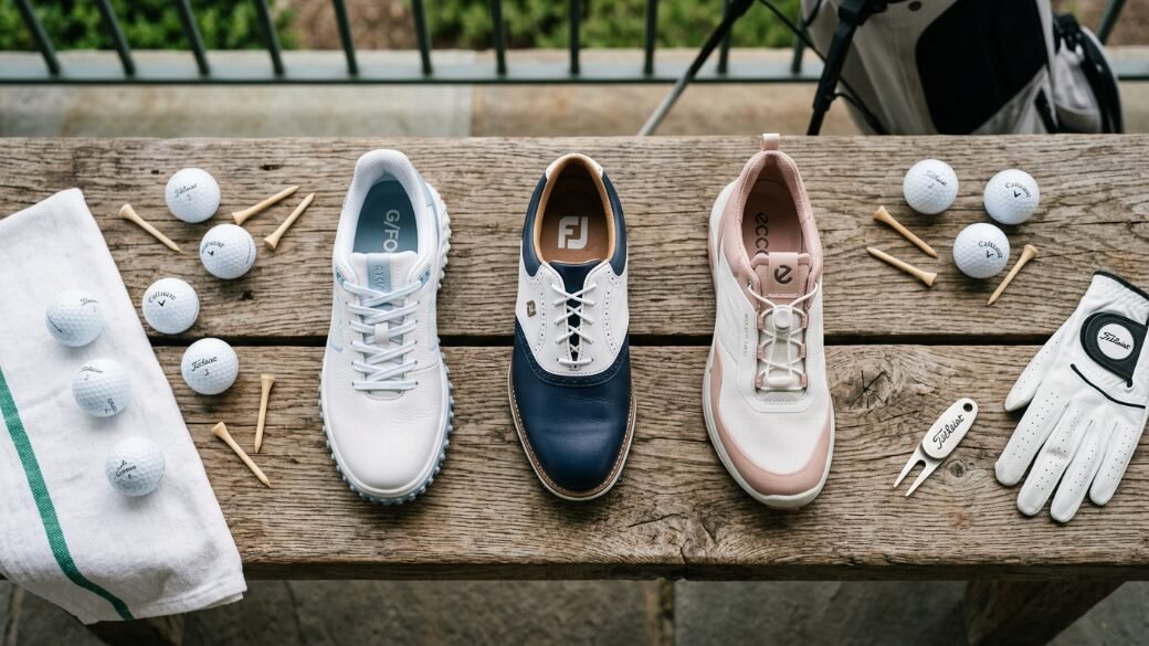 Top down view of athletic footwear, golf balls, tees, and a white glove arranged on a rustic wooden bench.
