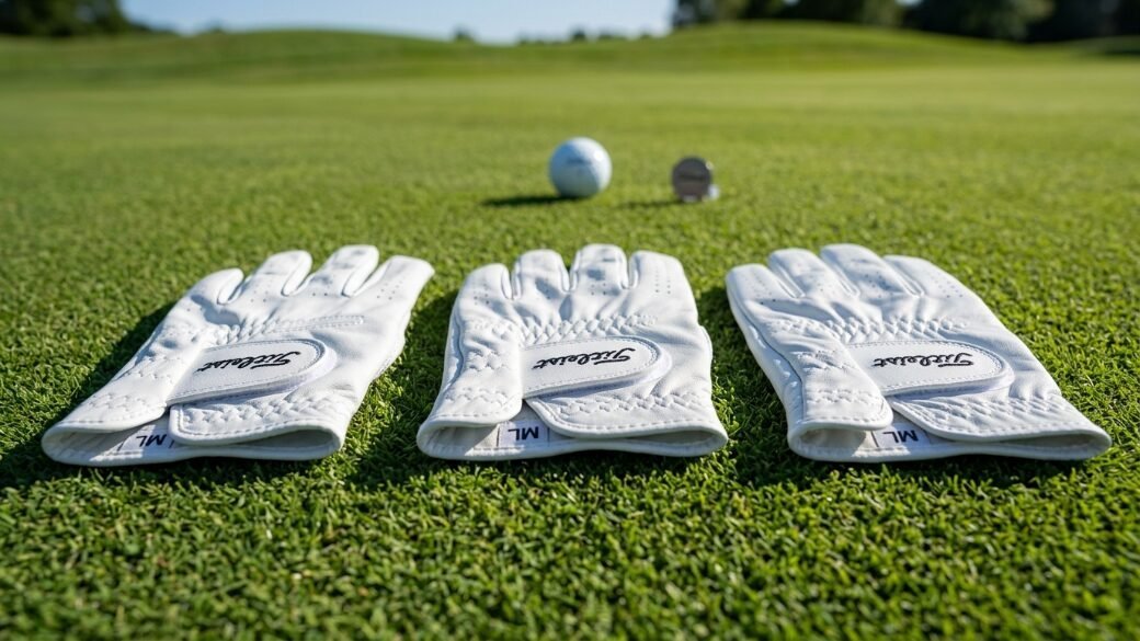 A trio of white leather golf gloves lying on the grass with a ball and marker in the background.