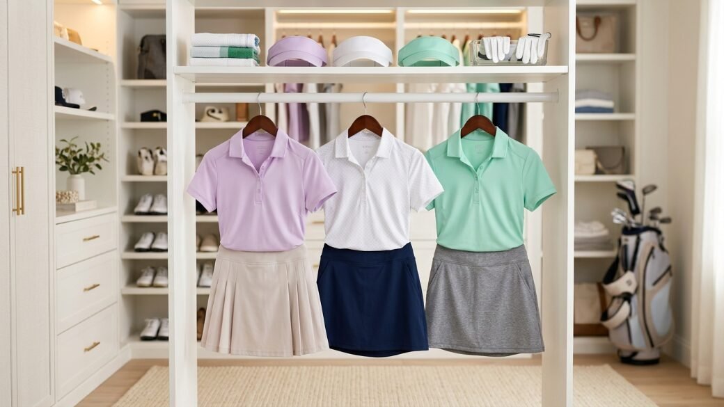 Colorful polo shirts paired with athletic skirts displayed on hangers in a luxury walk-in wardrobe.