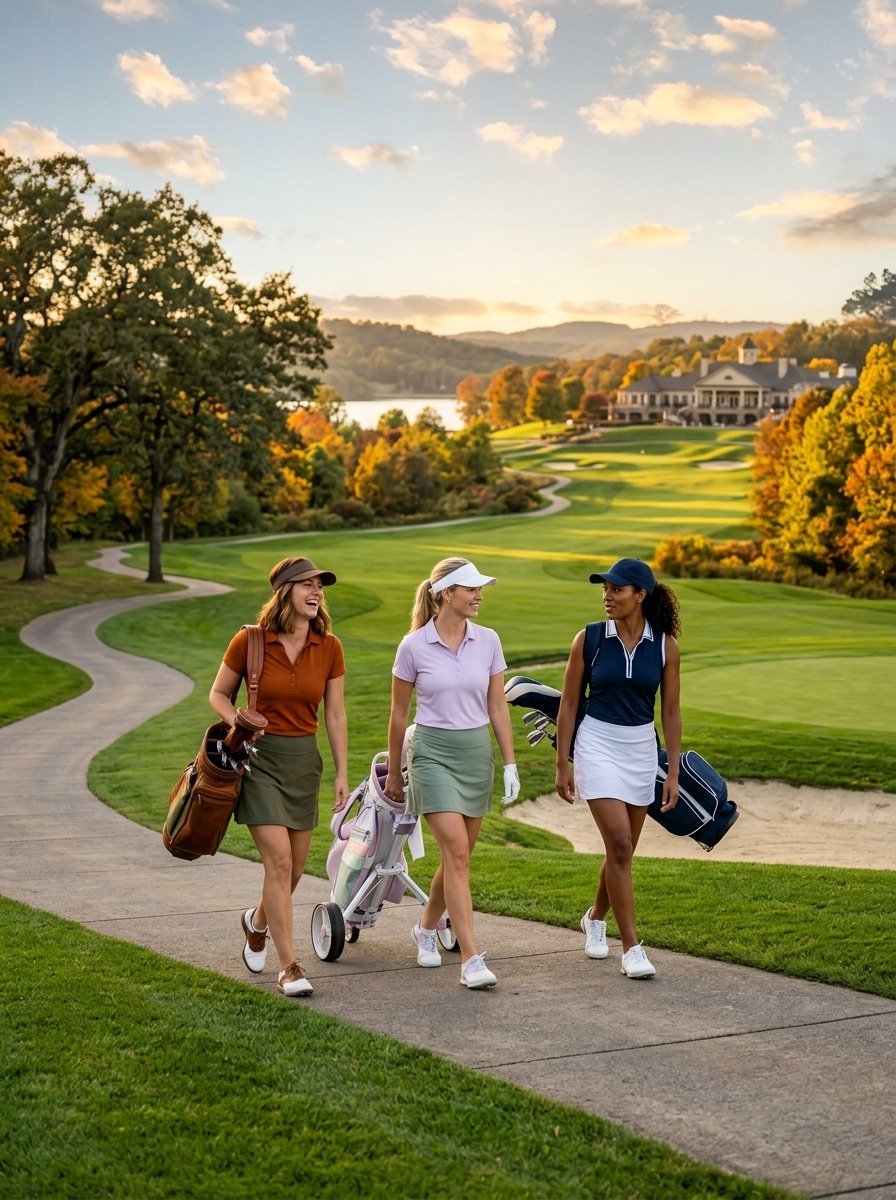 Three female golfers walking on a paved path of a hilly autumn golf course with a clubhouse in the background.