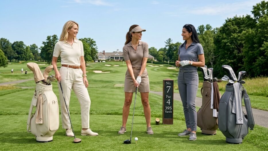 Three women in stylish golf attire stand near golf bags on a green fairway under a clear blue sky.