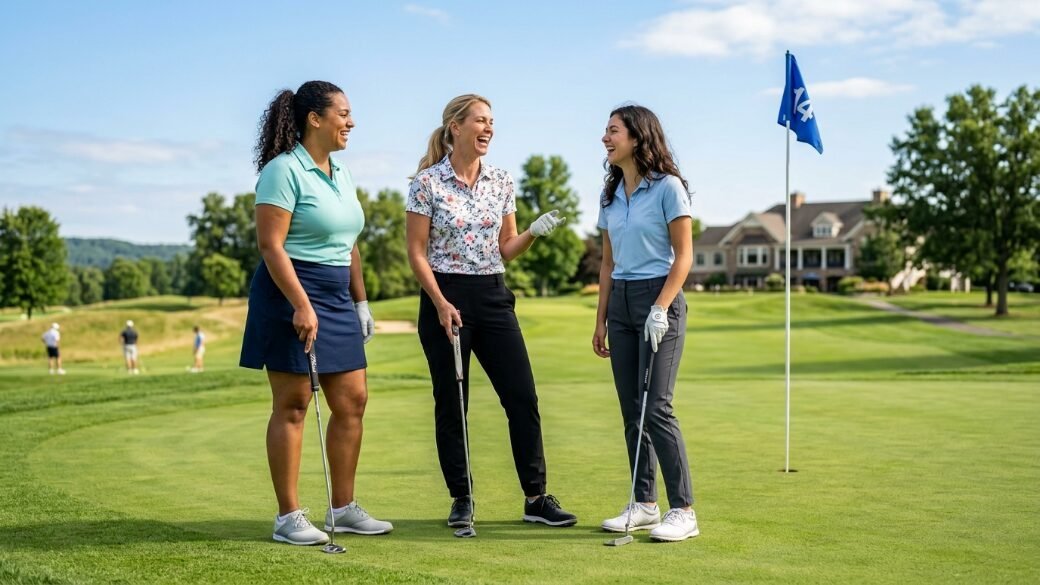 A trio of women golfers standing on a golf course putting green near a flagstick while chatting and laughing.