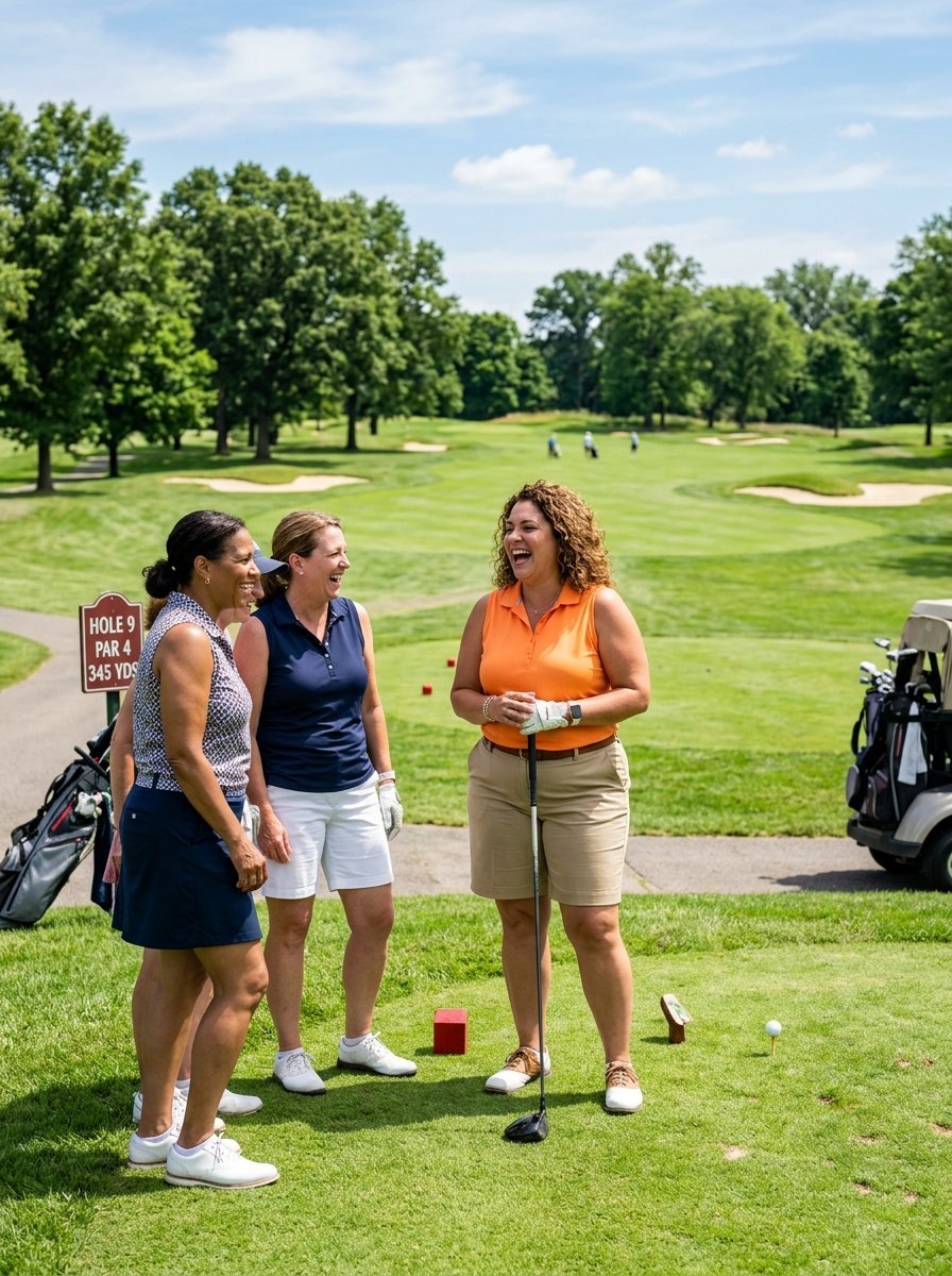 Three women in golf attire standing on a sunny tee box laughing together during a round of golf.