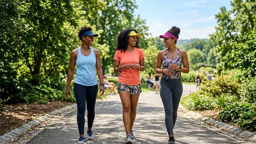 Group of three female friends in athletic wear walking along a paved trail through a lush green garden.