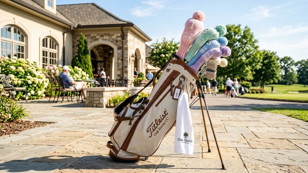 Tan Titleist golf bag with colorful knit covers stands on stone pavers near a country club clubhouse.