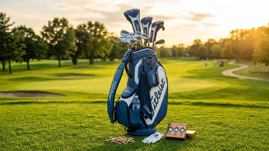 A blue and white Titleist golf bag full of clubs sits on a grassy fairway with boxes of balls and tees nearby.