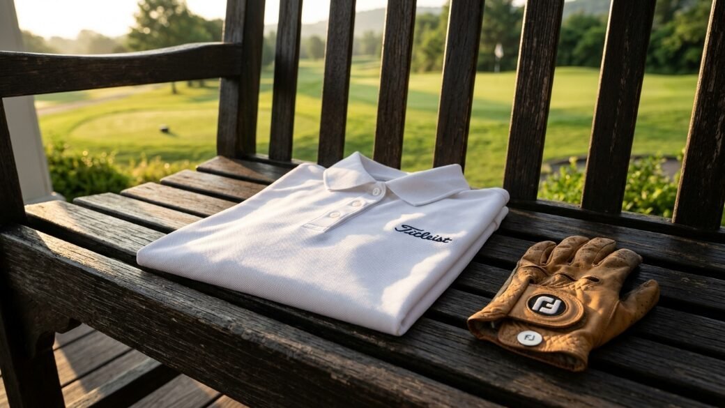 Folded white polo with logo and worn brown leather golf glove resting on a dark wood bench at a golf course.