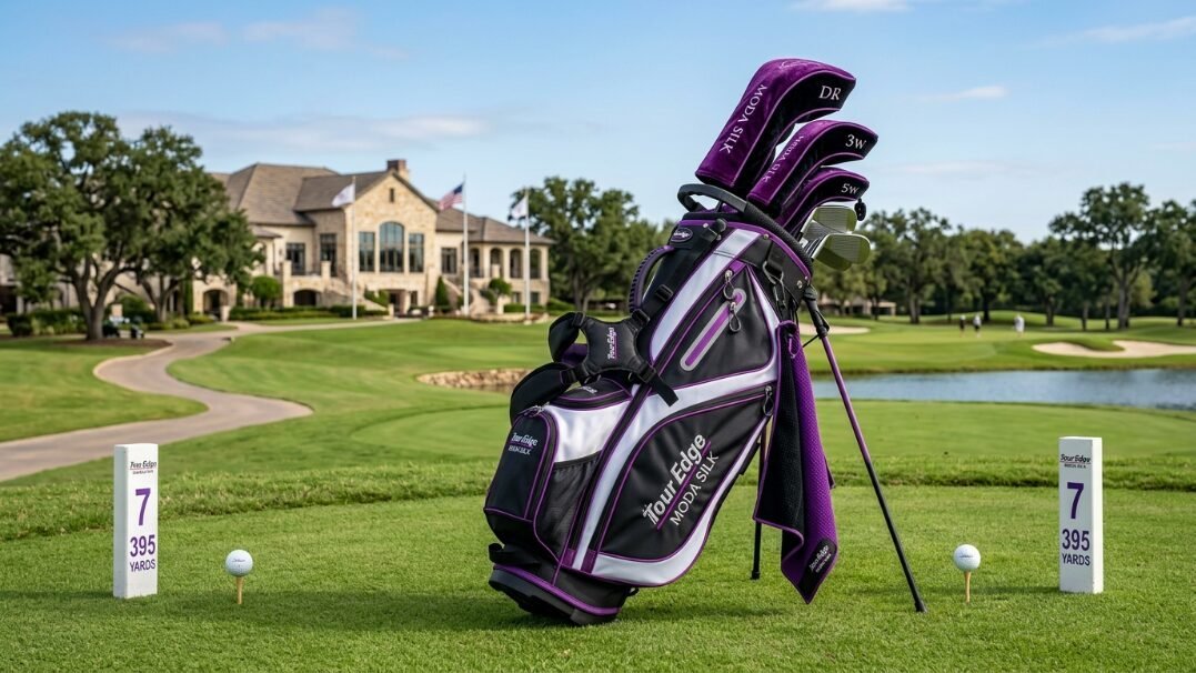 Tour Edge Moda Silk golf bag with matching headcovers positioned on a golf course tee box.