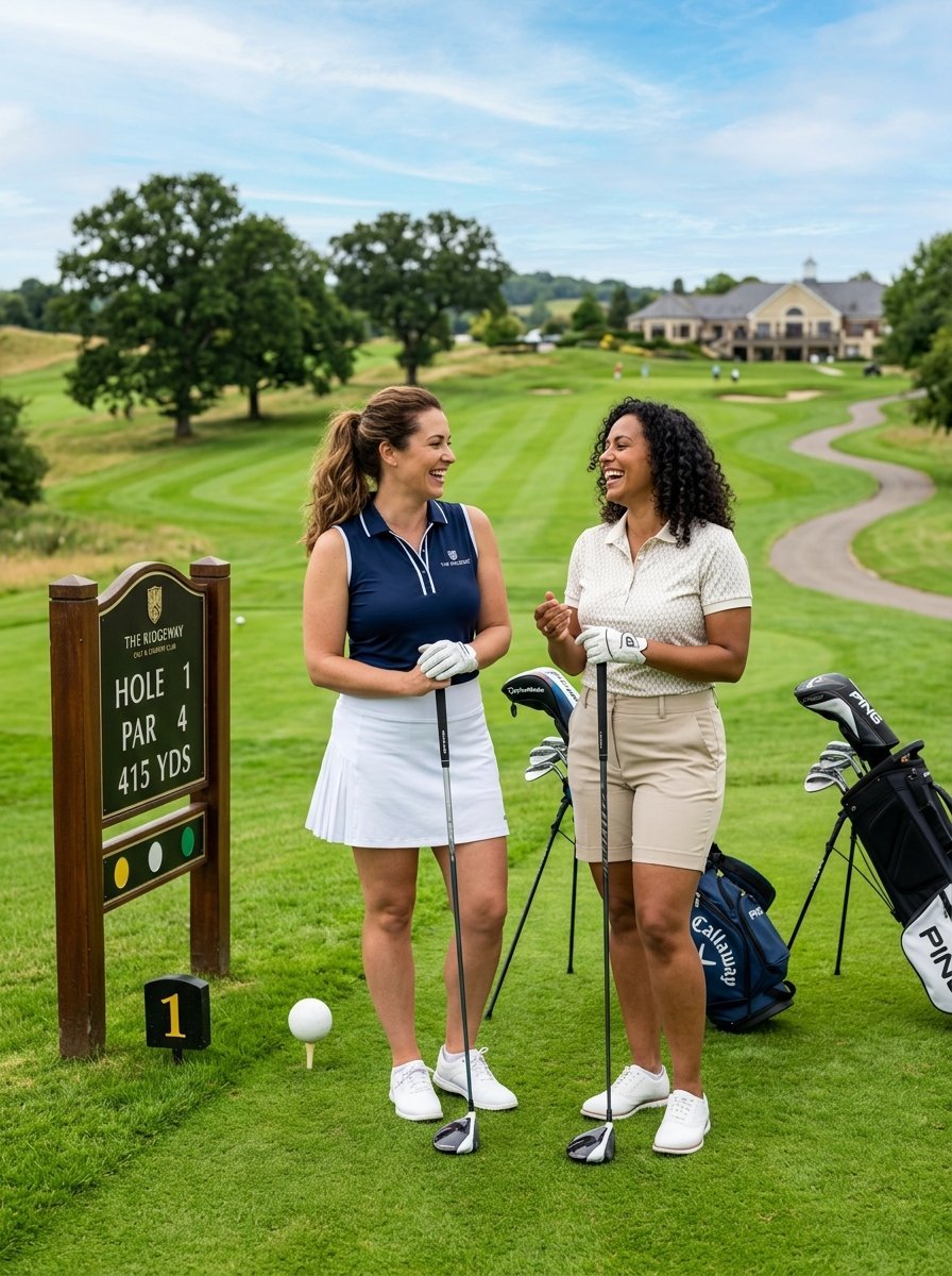 Two smiling women standing near a hole one golf tee sign on a green course with golf bags.