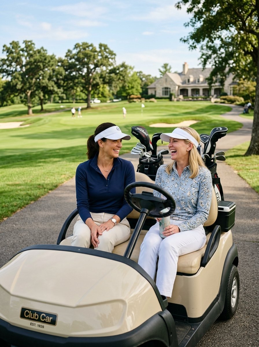 Friends in visors smiling while sitting in a Club Car vehicle on a sunny golf course path.