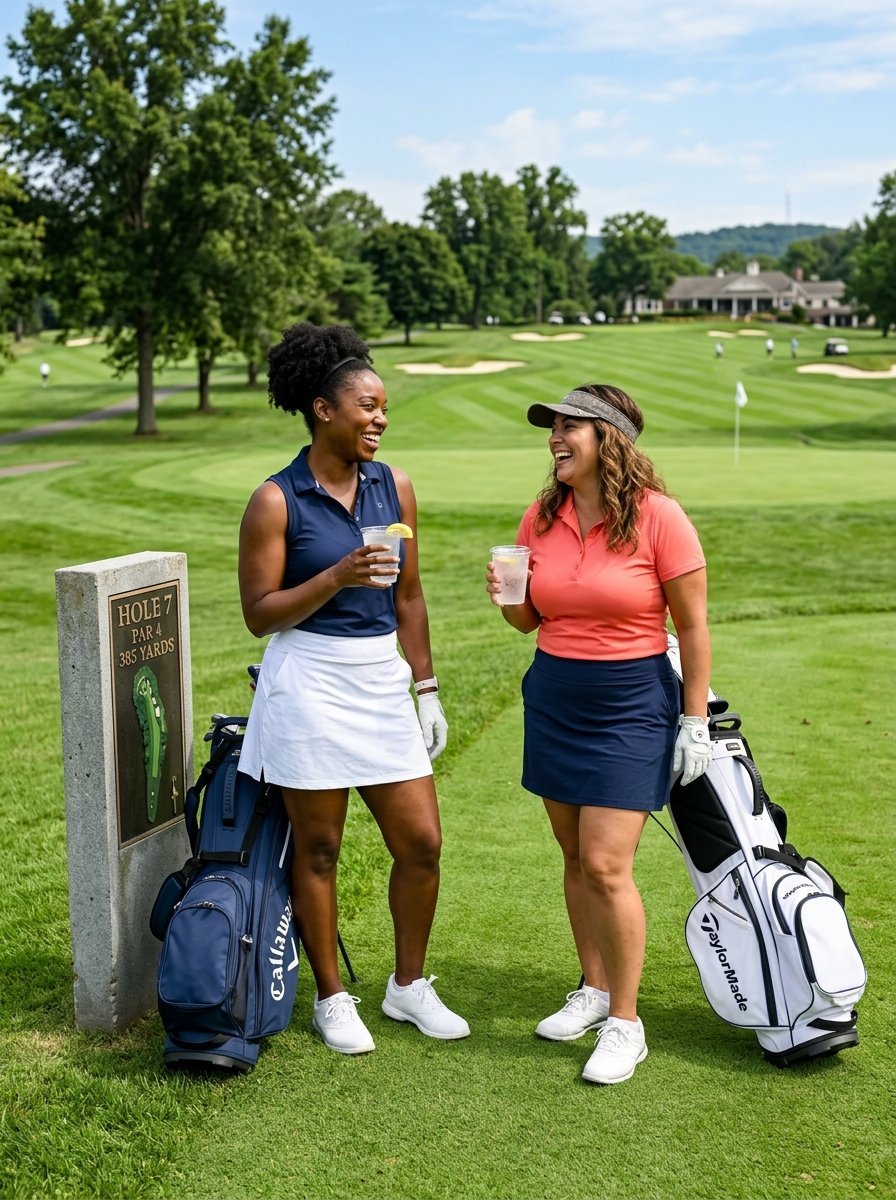 Two female golfers in sporty outfits standing by a hole marker with bags and iced beverages.
