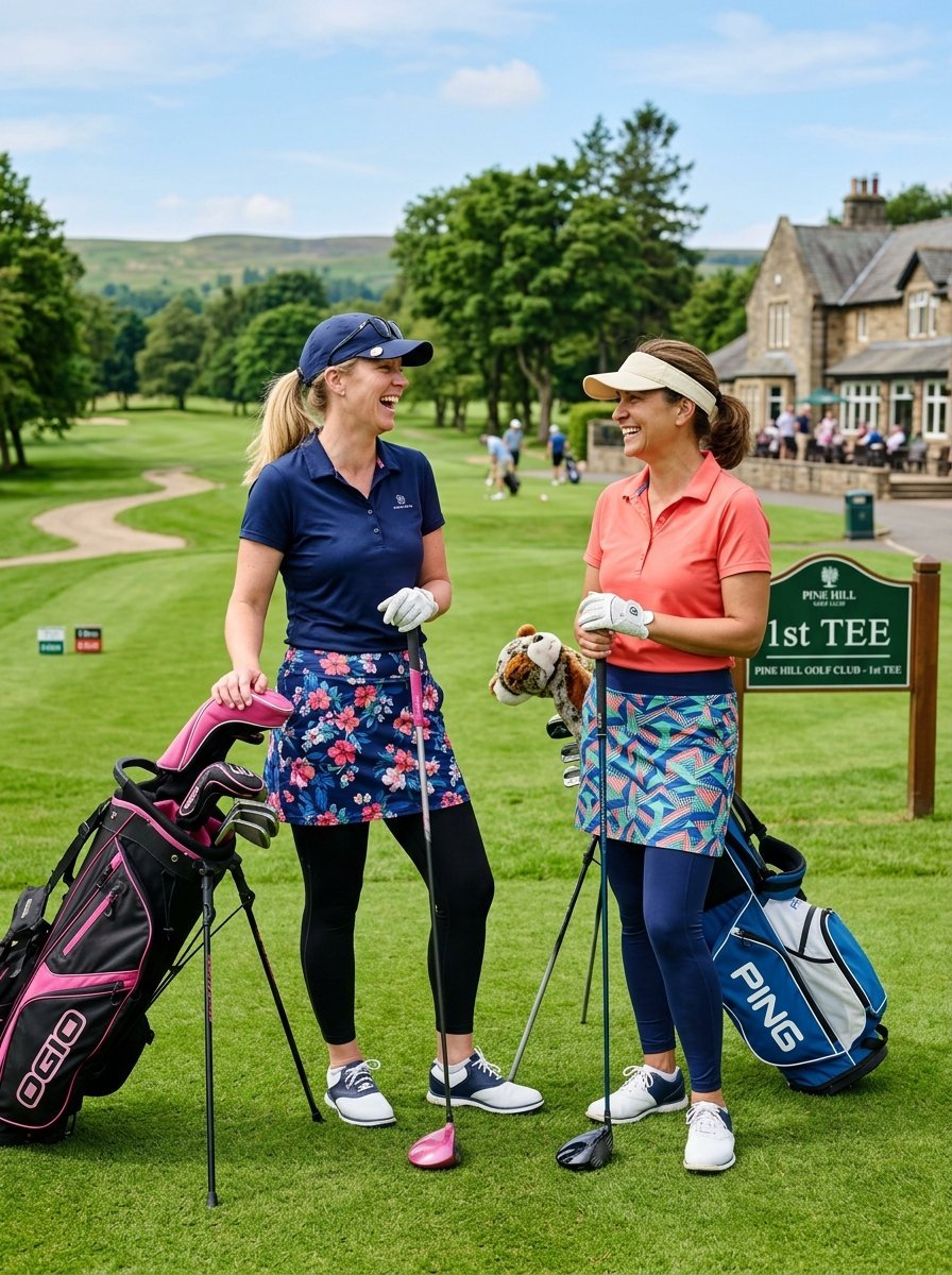 Two women standing on a golf course holding clubs and wearing athletic skirts and leggings.