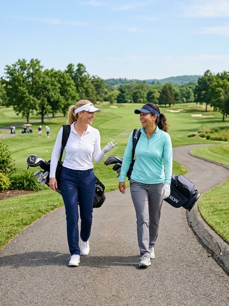 Two women wearing golf visors laughing while walking with their golf bags on a paved cart path.