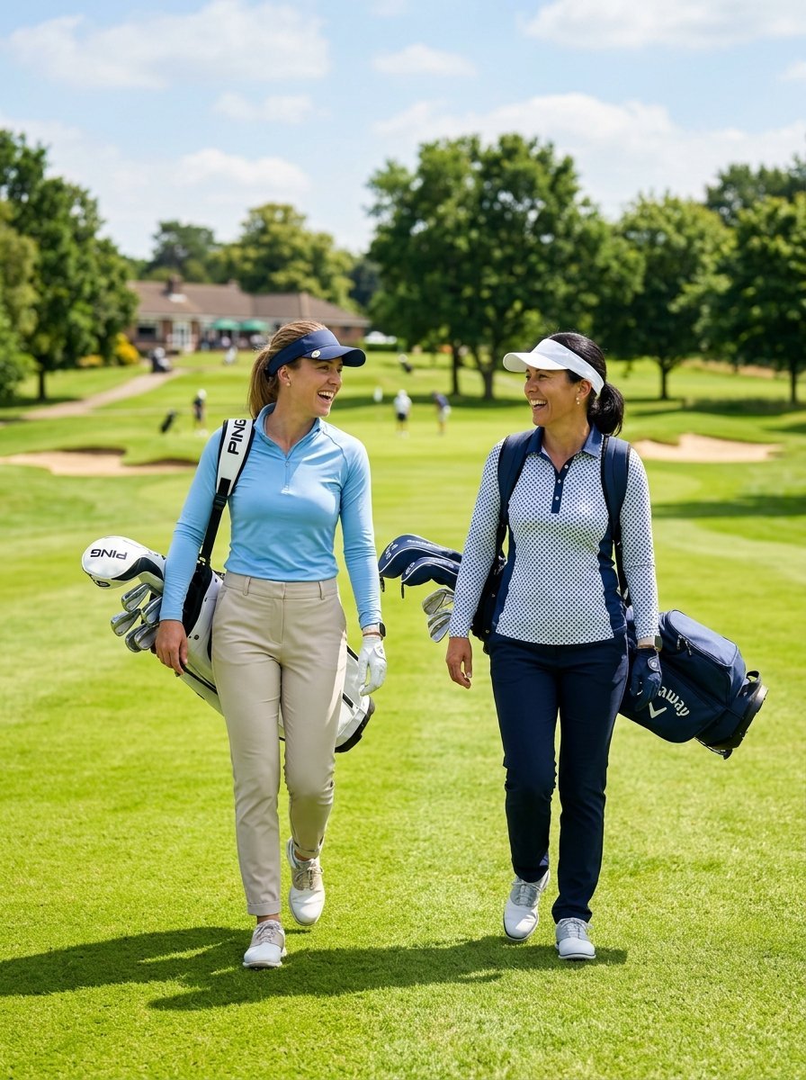 Two women carrying golf bags walk and laugh on a sunny green golf course.