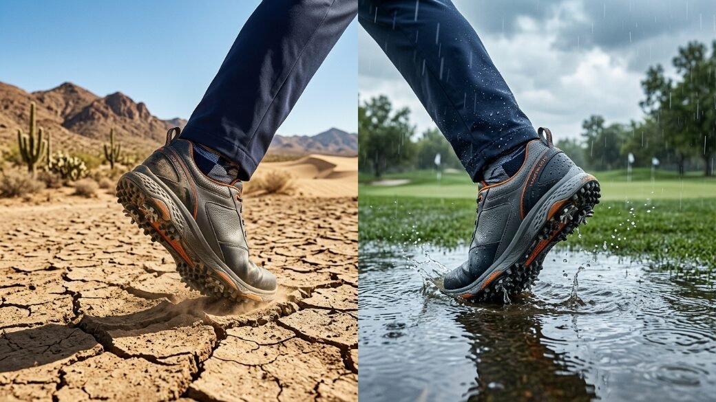 Split view of golf shoes worn on cracked dry desert earth and splashing through a rainy golf course puddle.