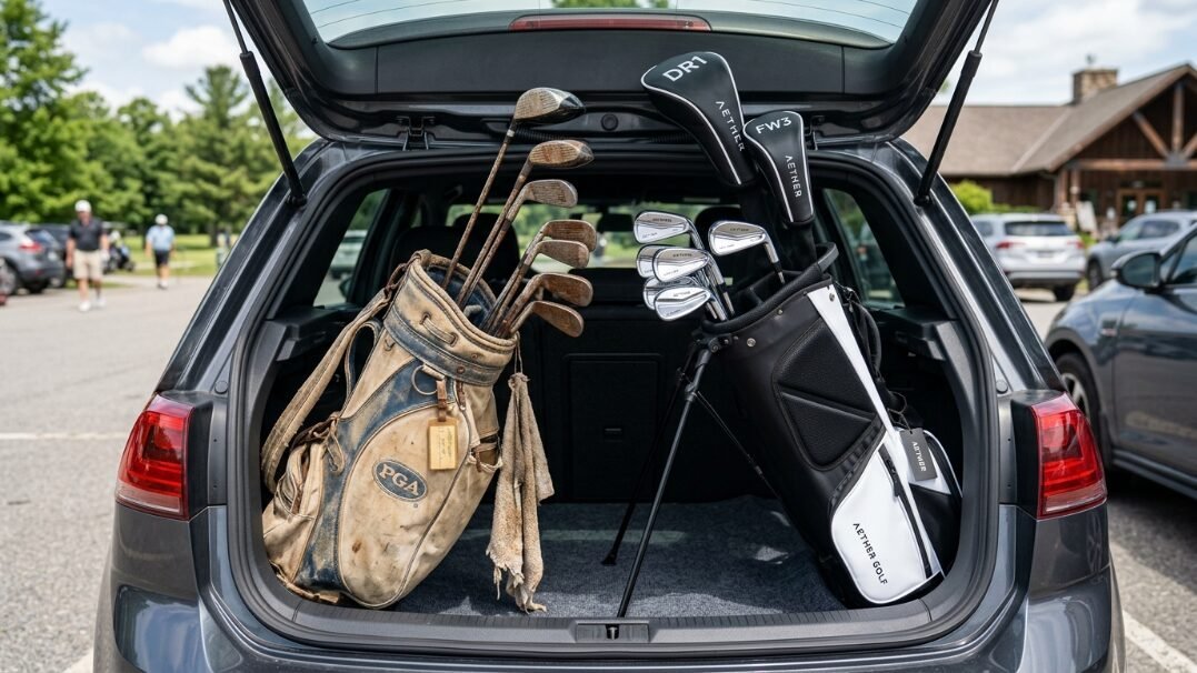 An old, worn PGA golf bag next to a sleek, modern black and white Aether golf stand bag in a car trunk.