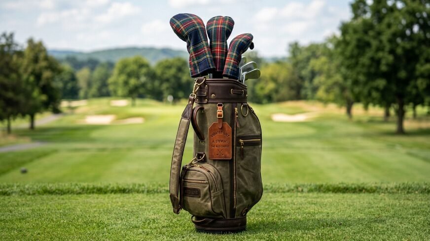 A leather-trimmed olive canvas golf bag with plaid head covers sitting on a lush green golf course.
