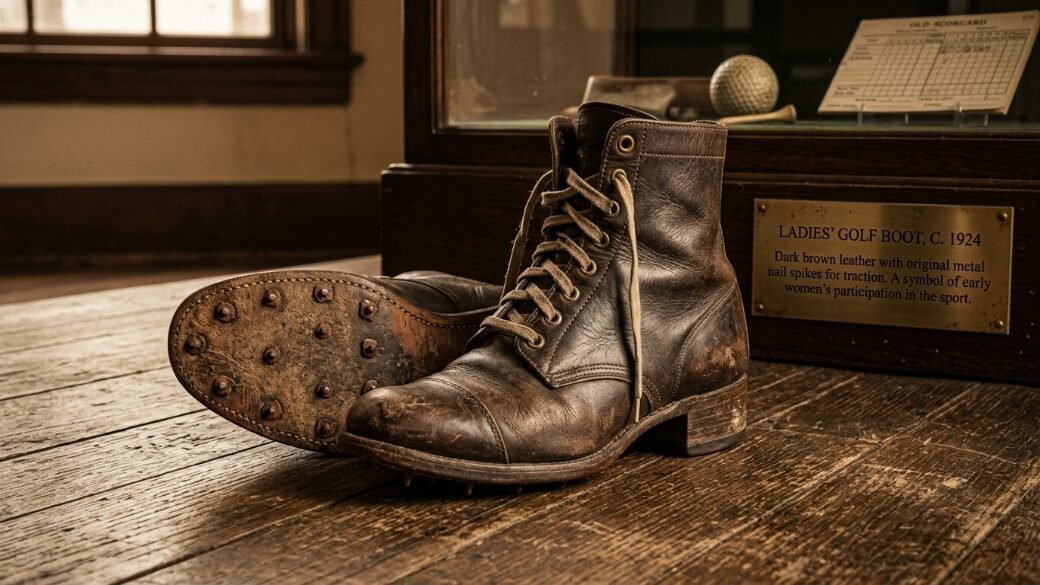 An antique brown leather lace-up boot featuring metal traction spikes on the sole, displayed on a wooden surface.