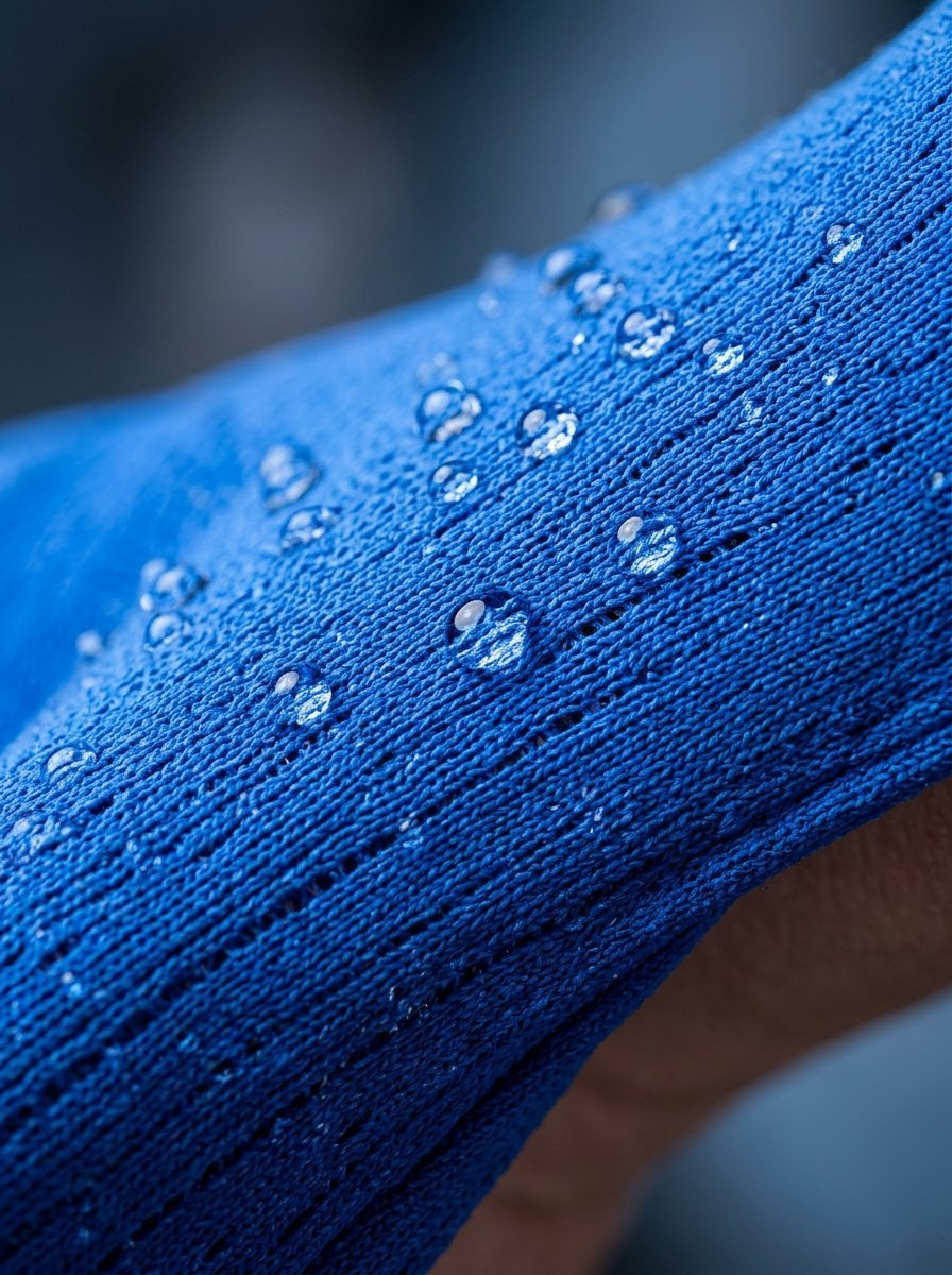 Macro shot of clear moisture droplets sitting on the textured weave of a blue athletic performance fabric.