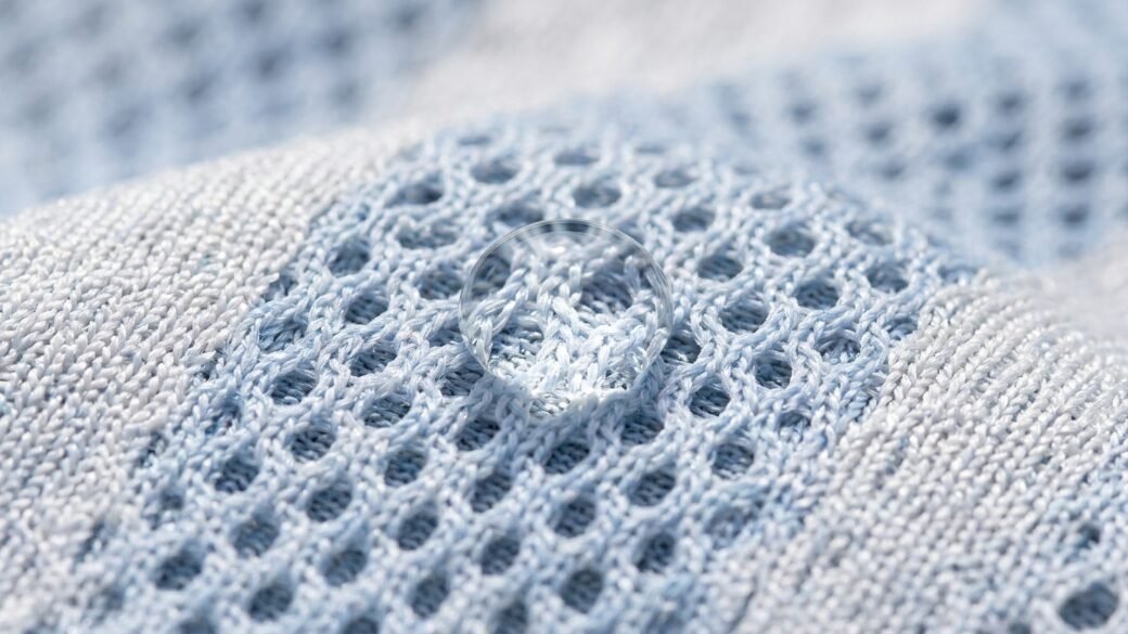 A single spherical water bead sitting atop a patterned, porous light blue textile material.