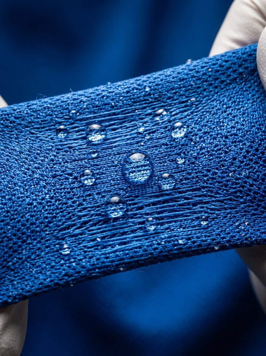 Gloved hands holding a piece of hydrophobic blue textile with beaded water drops on its surface.