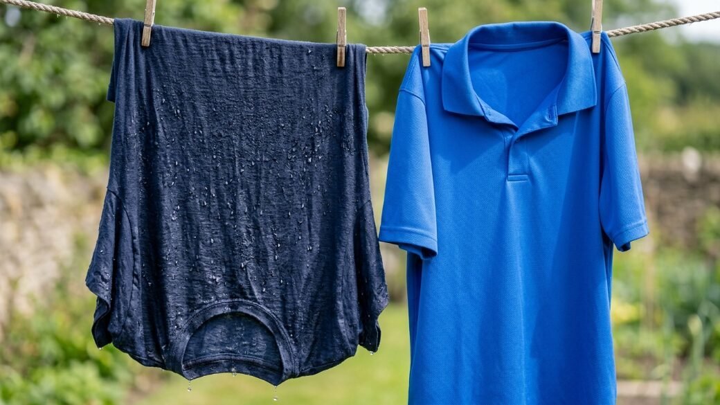 A dark navy t-shirt covered in water droplets and a bright blue polo shirt drying on a rope with wooden pegs.