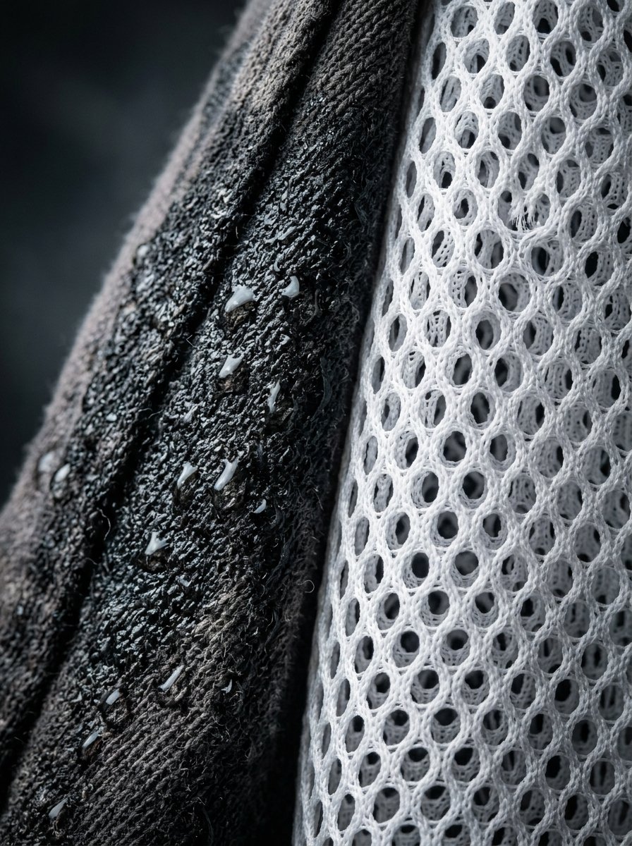 Close up of a water-slicked dark grey material next to a textured white honeycomb mesh panel.