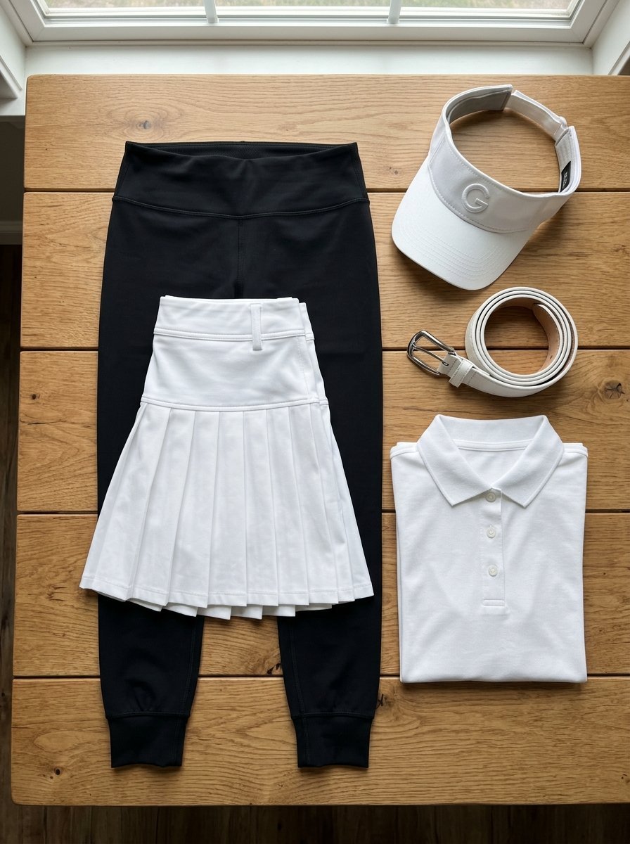 Flat lay of white tennis visor, white belt, white polo shirt, white pleated skirt, and black athletic joggers.