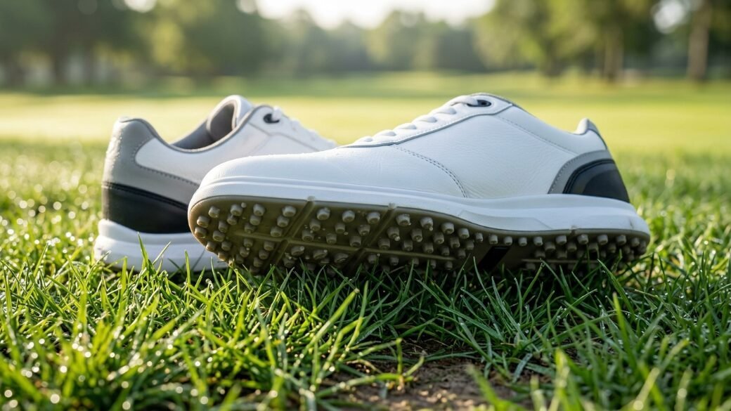 Close-up view of spikeless white golf shoes with grey details resting on a dew-covered golf course fairway.