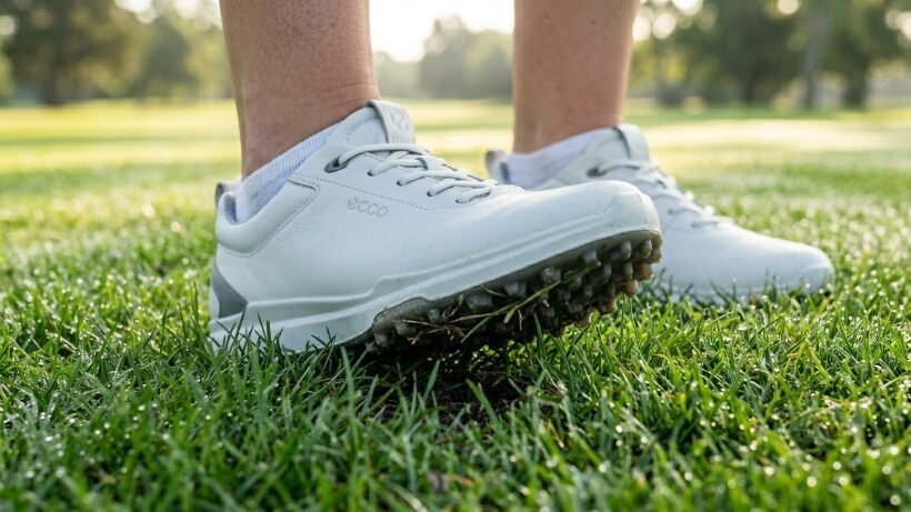Close up of feet in white spikeless golf shoes standing on green grass with sunlight in the background.