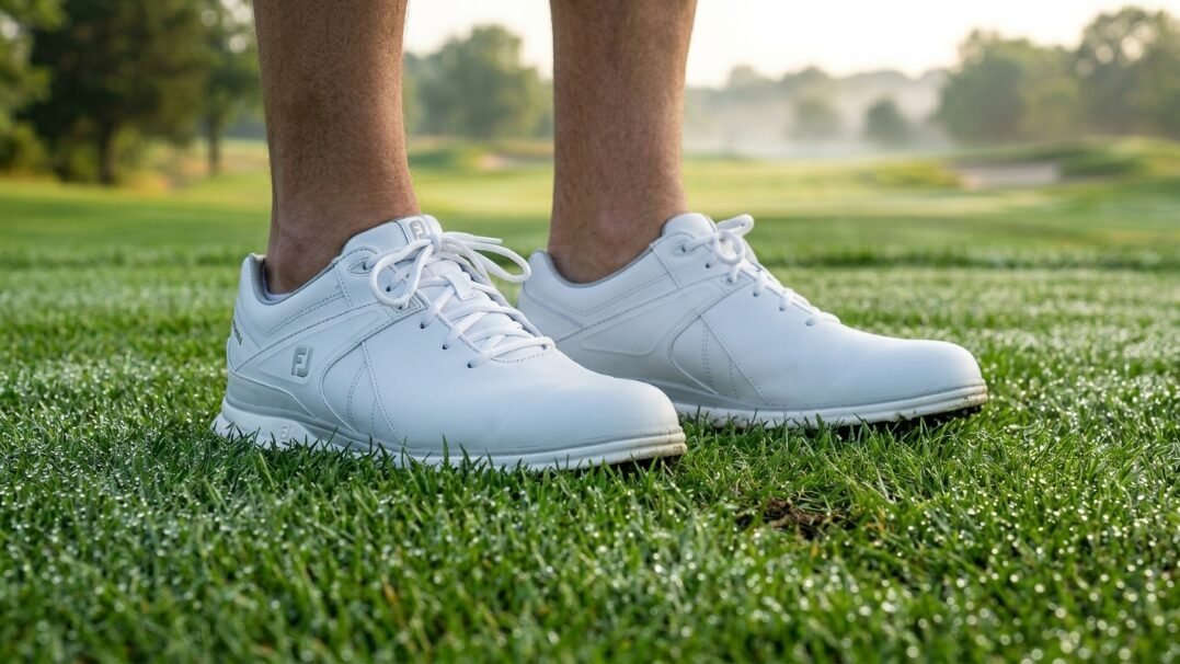 Close up of a pair of white FootJoy golf shoes standing on wet grass at a golf course.