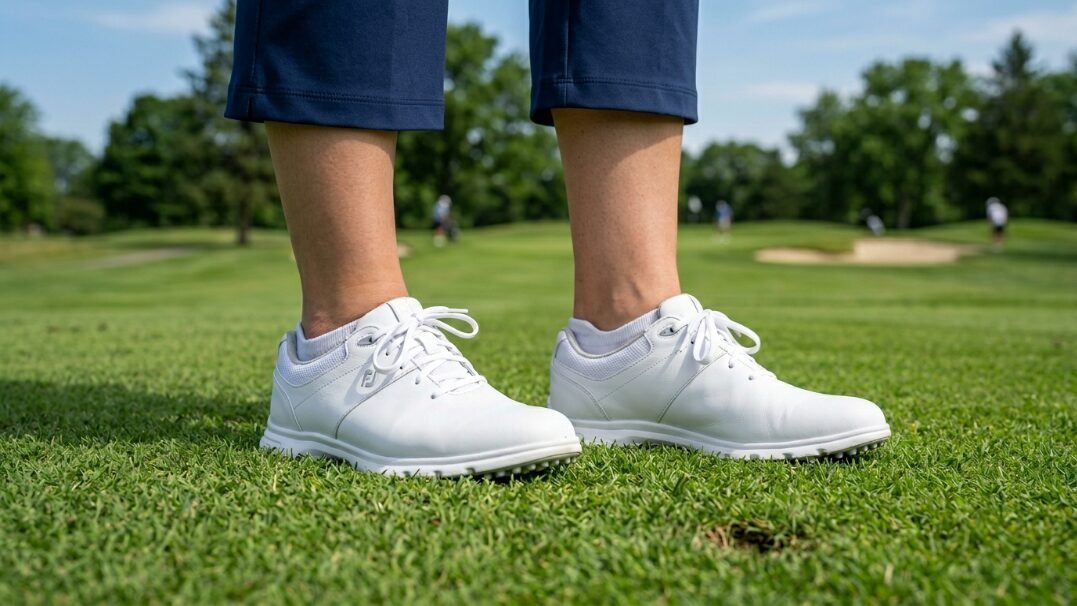 Close-up of a person standing on a green golf course wearing white athletic footwear and dark blue capri pants.